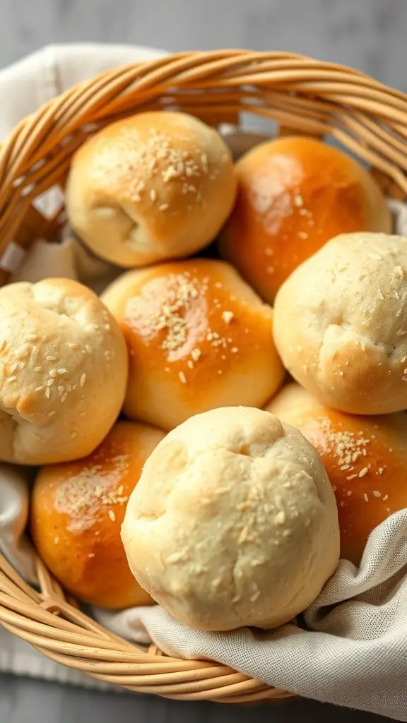 A basket filled with freshly baked homemade dinner rolls.