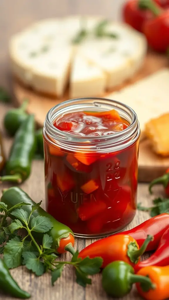 A jar of sweet and spicy pepper jelly surrounded by fresh peppers and cheese.