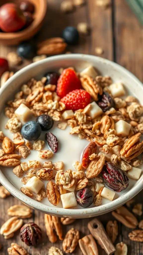 A bowl of muesli with nuts and dried fruits, featuring strawberries, blueberries, and granola.