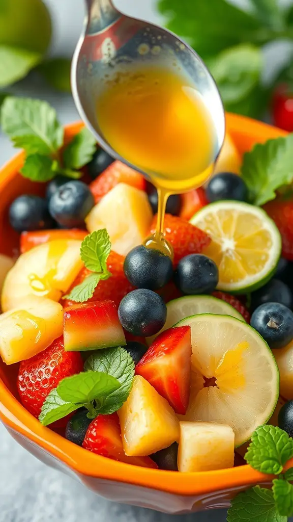A vibrant fruit salad with honey lime dressing, featuring strawberries, blueberries, pineapple, and mint.