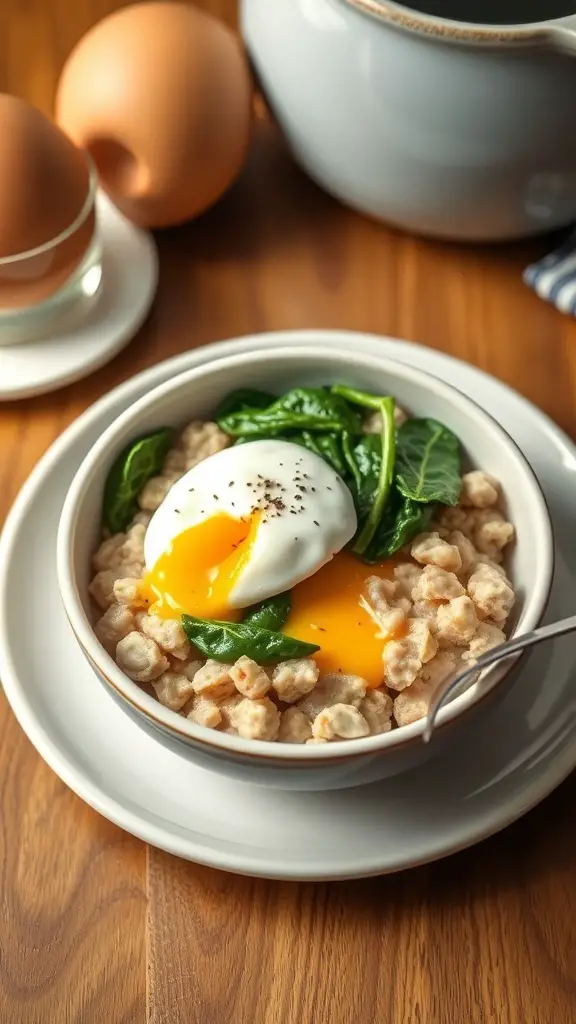 A bowl of savory oatmeal topped with a poached egg and spinach, with eggs in the background.