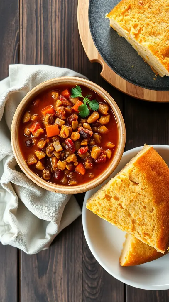 A bowl of lentil chili with a side of cornbread on a wooden table.