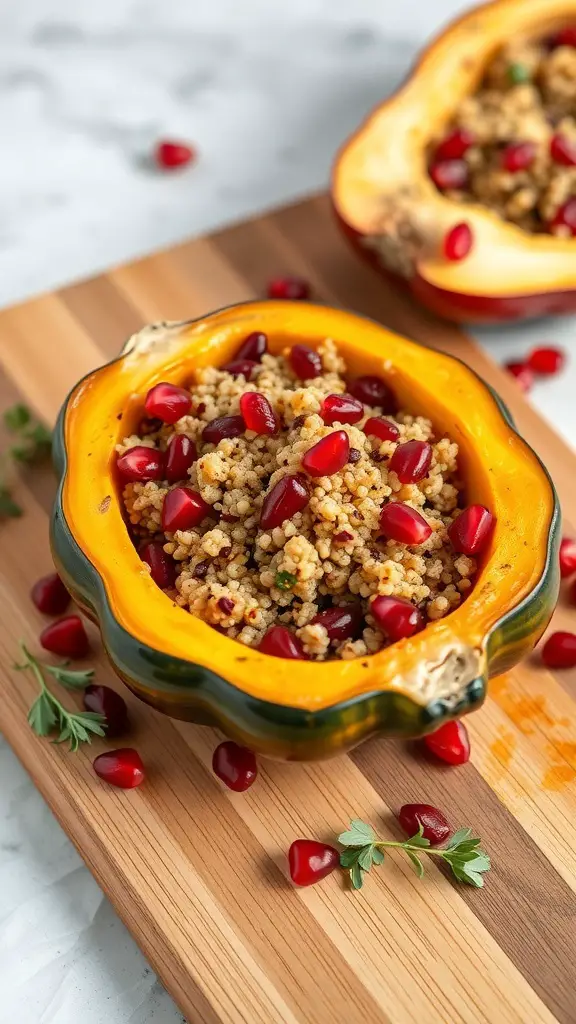 Stuffed acorn squash with quinoa and pomegranate seeds on a wooden cutting board.