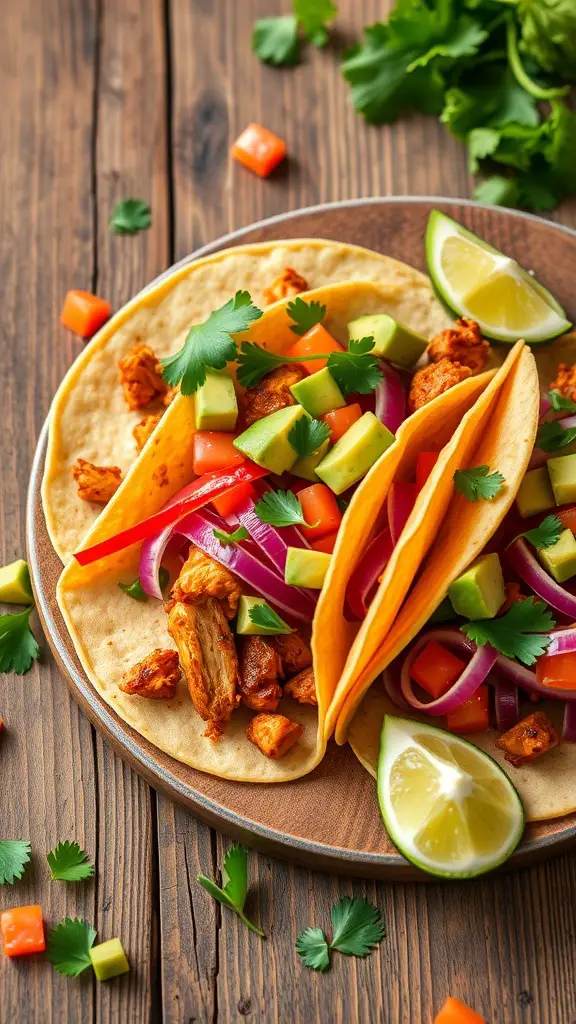 Three chicken tacos filled with colorful vegetables and garnished with cilantro, served with lime wedges.