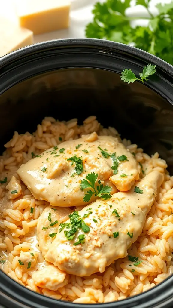 Crockpot Garlic Parmesan Chicken and Rice with parsley garnish