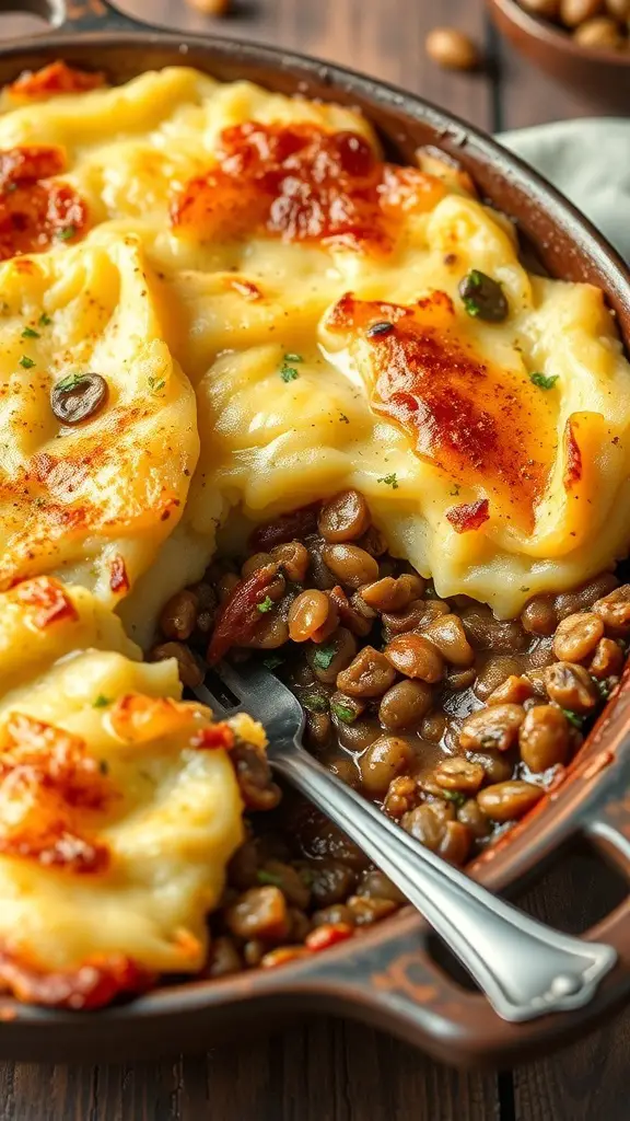 A delicious lentil and vegetable shepherd's pie with a golden mashed potato topping.