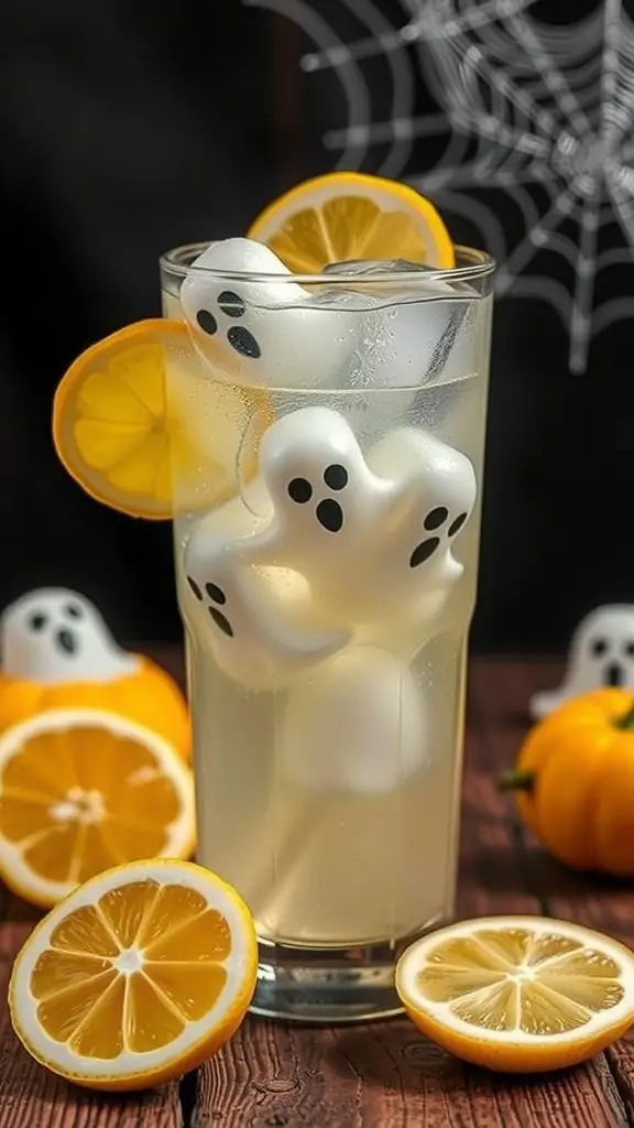 A glass of Ghostly Lemonade Punch with ghost-shaped ice cubes and lemon slices