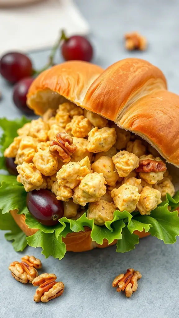 A croissant sandwich filled with curried chicken salad, lettuce, and grapes, surrounded by walnuts and grapes.