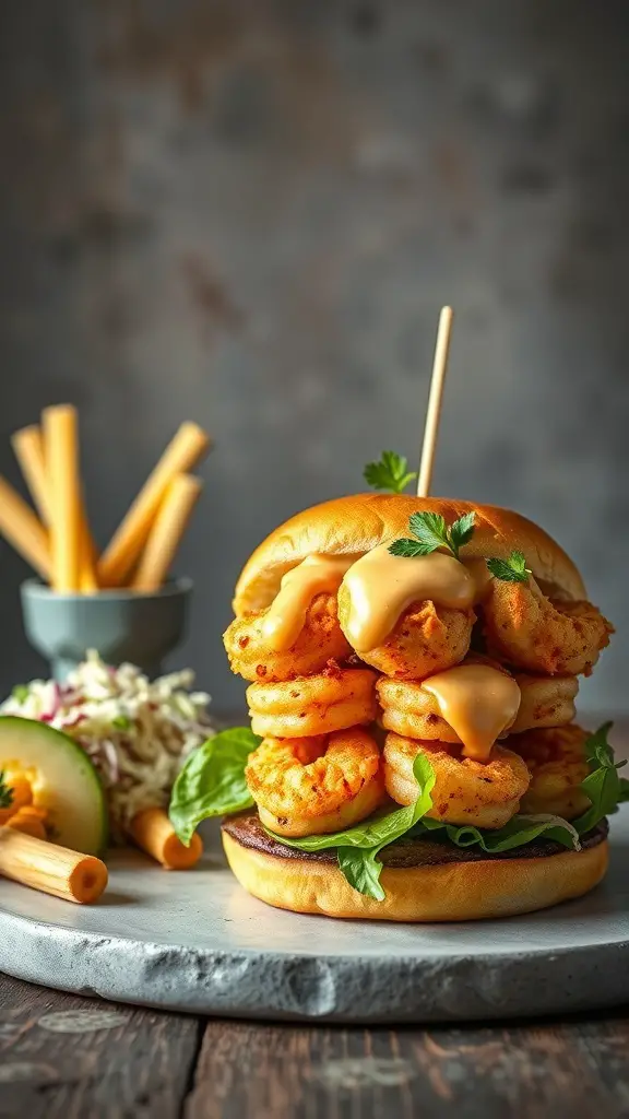 A delicious Cajun shrimp burger stacked high with shrimp and remoulade sauce, served with fries and slaw.