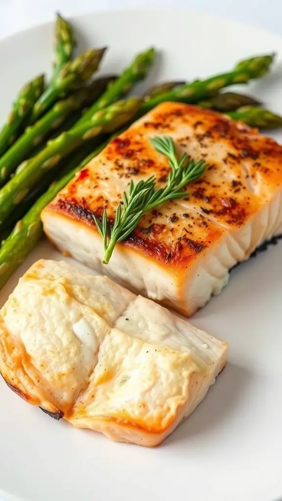 Grilled salmon fillet with asparagus on a plate, garnished with rosemary.