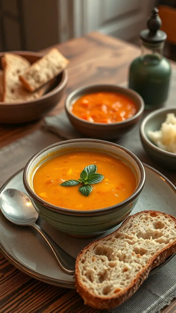 A bowl of golden soup garnished with mint leaves, slices of no-knead bread, and another bowl of chunky stew.