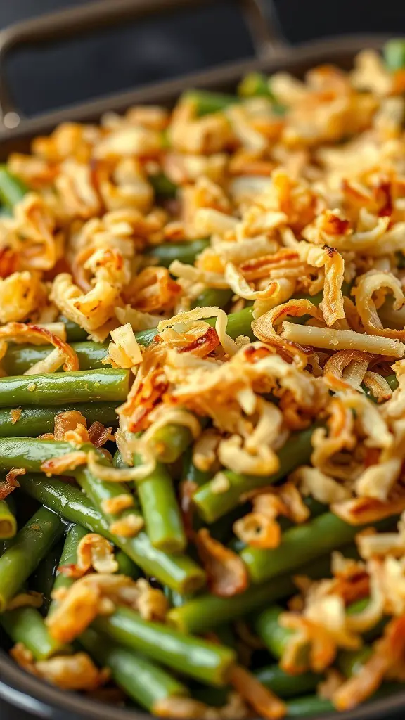 A delicious green bean casserole topped with crispy fried onions.