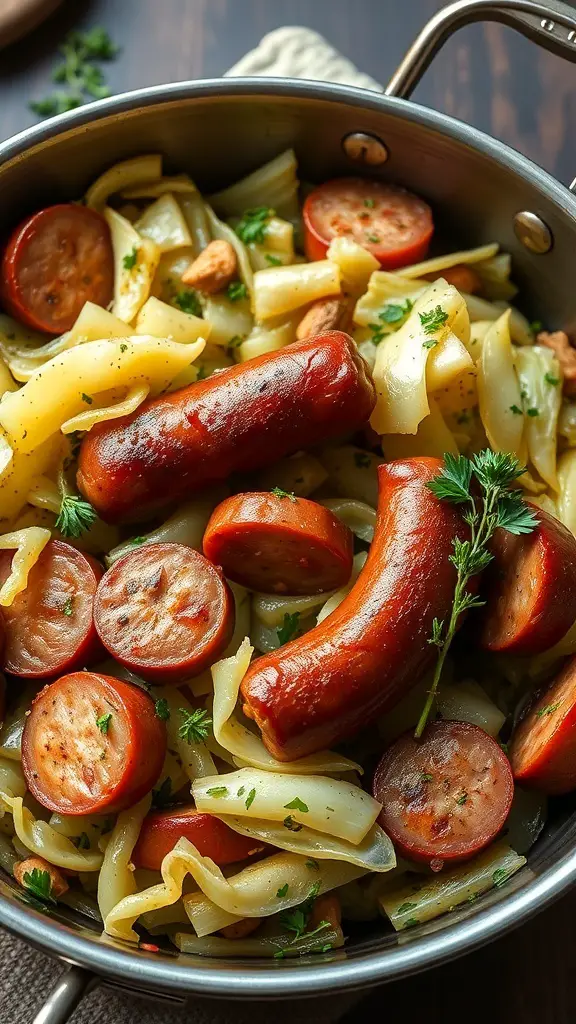 A skillet filled with cabbage, sausage, and egg noodles, garnished with parsley.