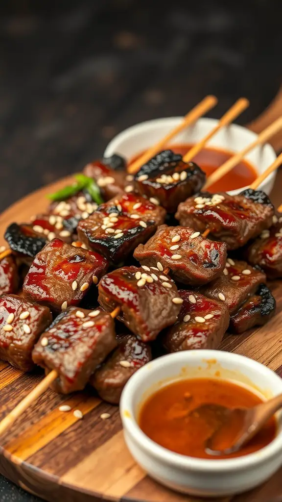 Delicious teriyaki beef skewers on a wooden platter with dipping sauces.