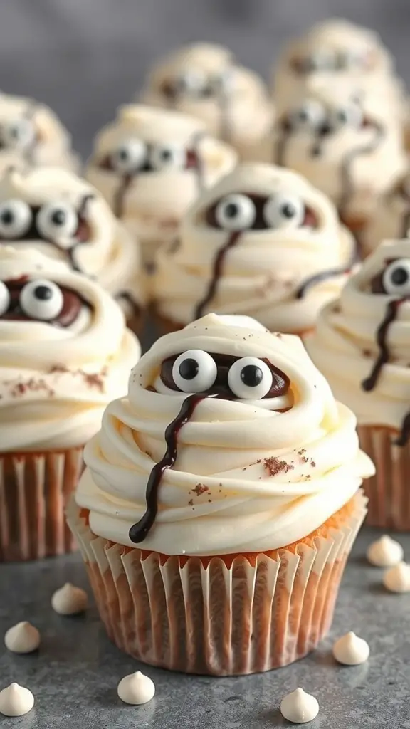 A close-up of mummy cupcakes decorated with white frosting, candy eyes, and chocolate drizzle.