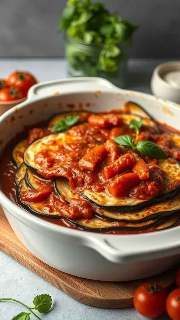 A dish of eggplant lasagna with tomato sauce and basil leaves on top.