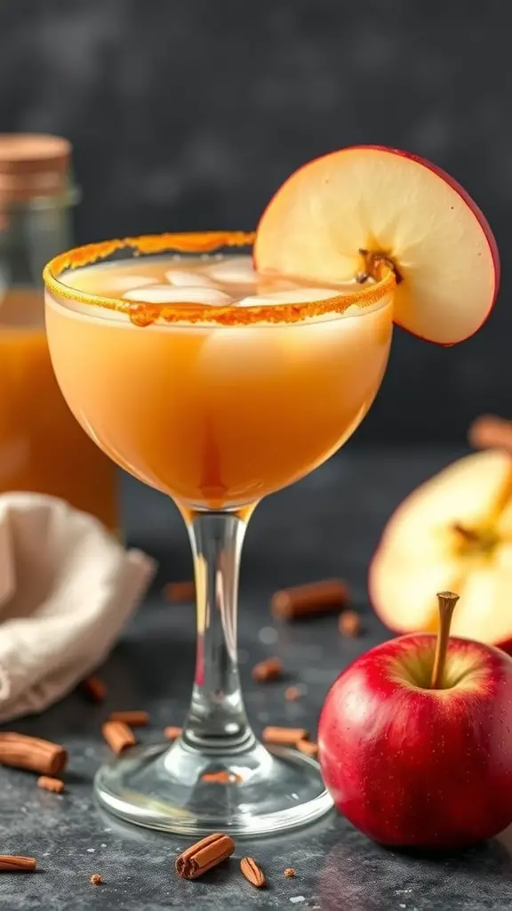 A caramel apple mocktail in a glass garnished with an apple slice, surrounded by fresh apples and cinnamon sticks.