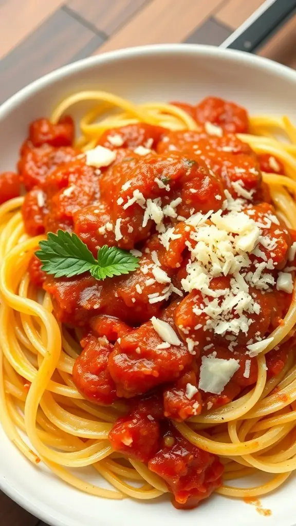 A bowl of spaghetti squash topped with marinara sauce and cheese.