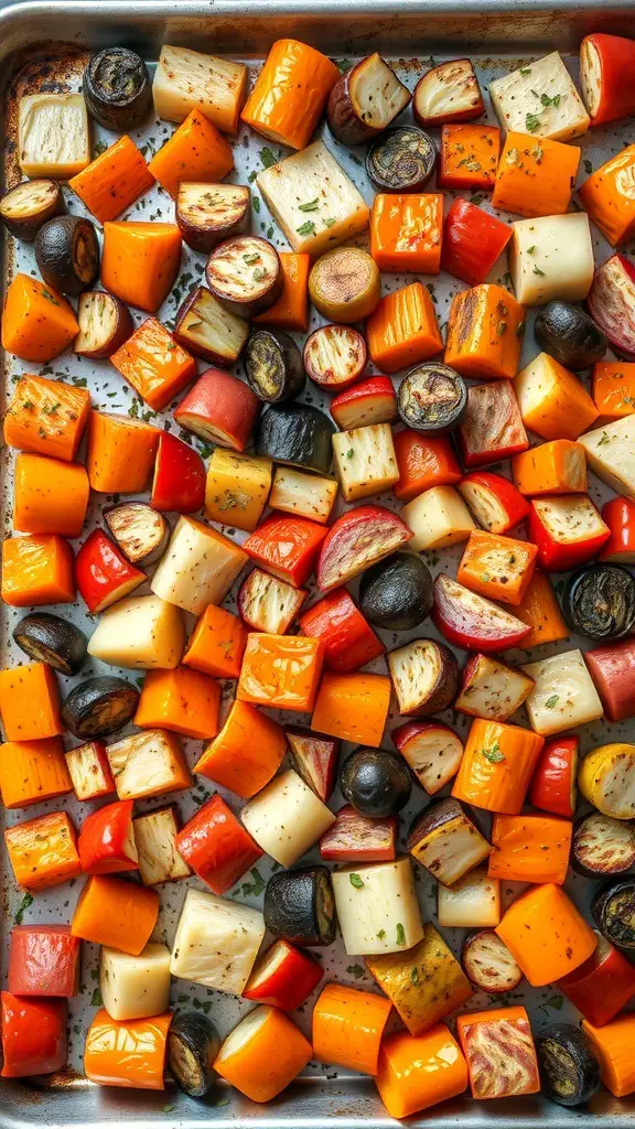 A colorful assortment of roasted vegetables including bell peppers, zucchini, and root vegetables on a baking sheet.