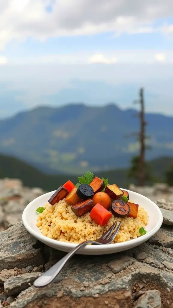 A plate of couscous topped with roasted vegetables, set against a mountain backdrop.