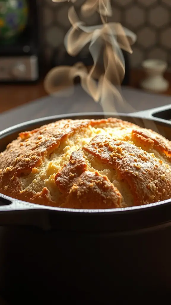 Freshly baked no-knead bread in a Dutch oven, golden brown with steam rising.