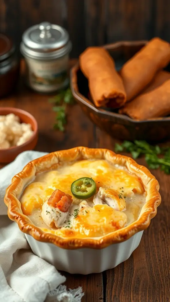 A delicious chicken pot pie with a flaky crust, filled with chicken and vegetables, topped with melted cheese.