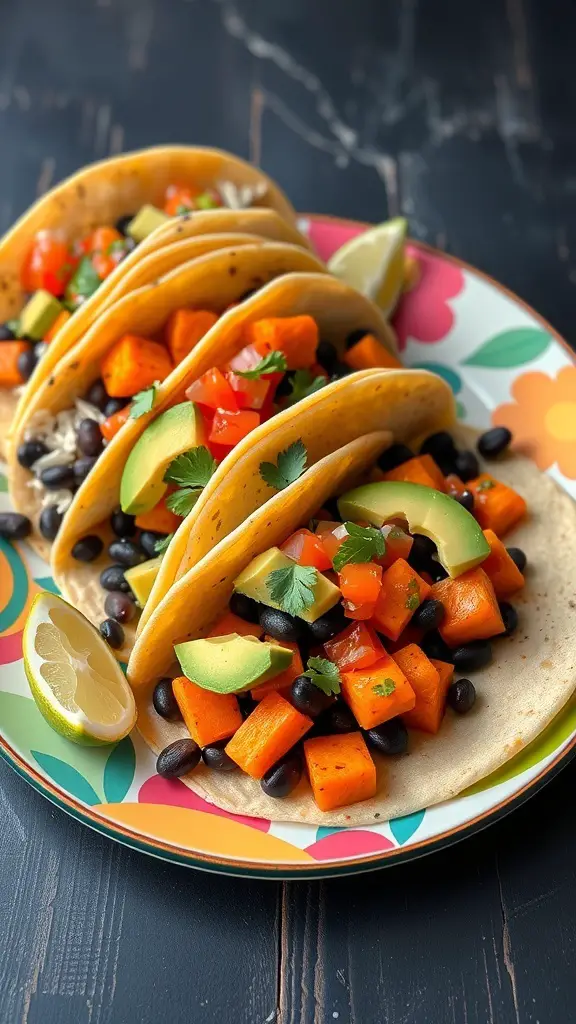 Colorful sweet potato and black bean tacos on a plate with lime and fresh toppings.