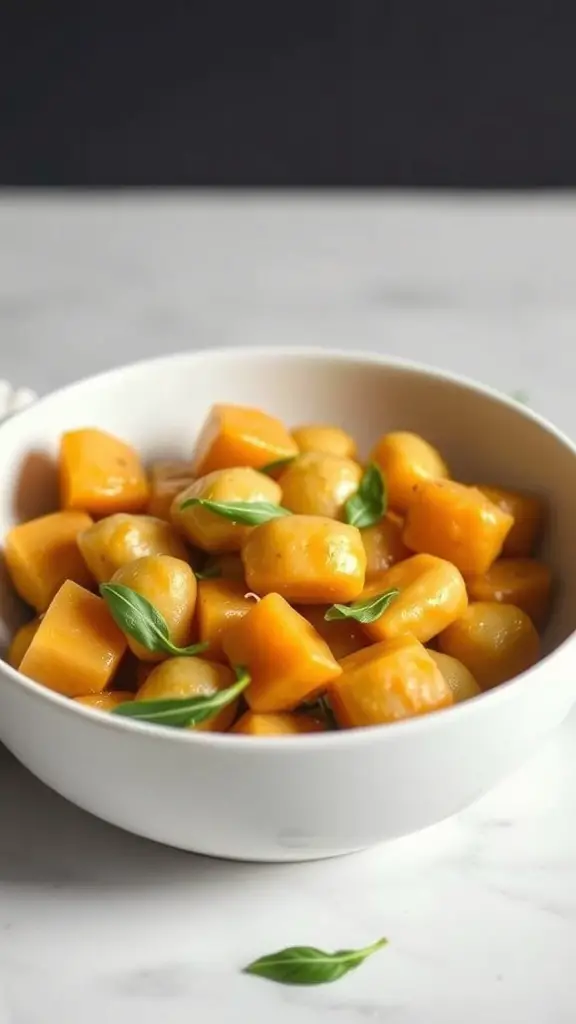 A bowl of sweet potato gnocchi tossed in sage butter sauce, garnished with fresh basil.