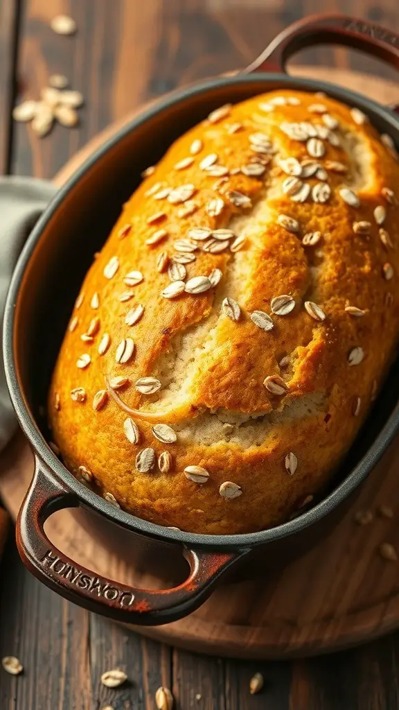 A freshly baked Honey Oat Dutch Oven Bread with a golden crust and topped with oats, sitting in a Dutch oven.