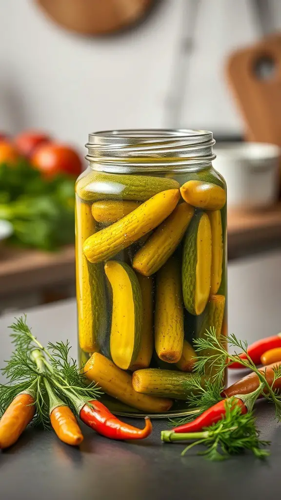 A jar of spicy dill pickles with fresh cucumbers and chili peppers