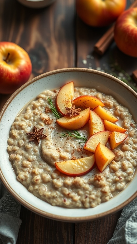 A bowl of buckwheat porridge topped with apple slices and spices, surrounded by fresh apples and cinnamon sticks.
