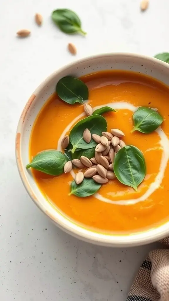 A bowl of vegan sweet potato soup topped with spinach and pumpkin seeds.