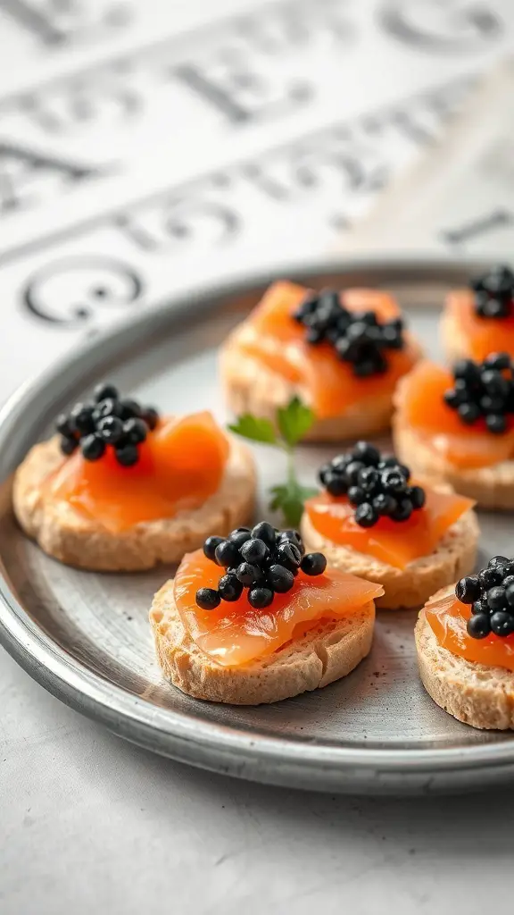A platter of caviar and smoked salmon canapés on a silver tray.