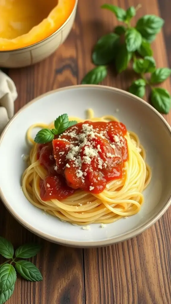 A plate of spaghetti squash topped with marinara sauce, garnished with fresh basil.