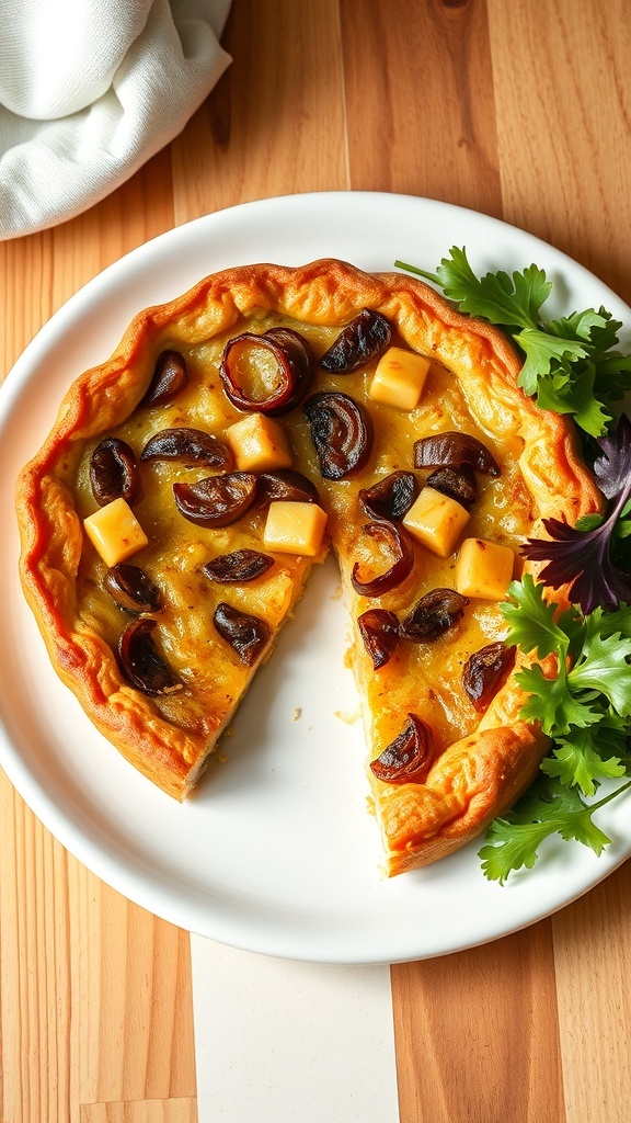 A delicious caramelized onion and Gruyere tart on a plate, garnished with fresh herbs.