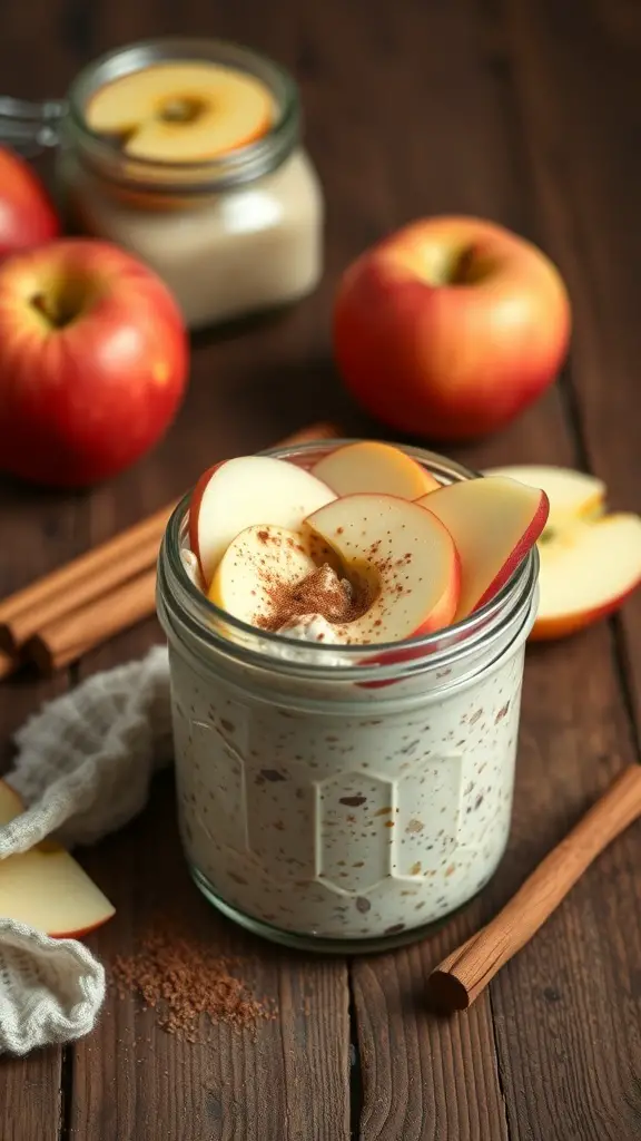 A jar of apple cinnamon overnight oats topped with apple slices and cinnamon sticks, surrounded by fresh apples.