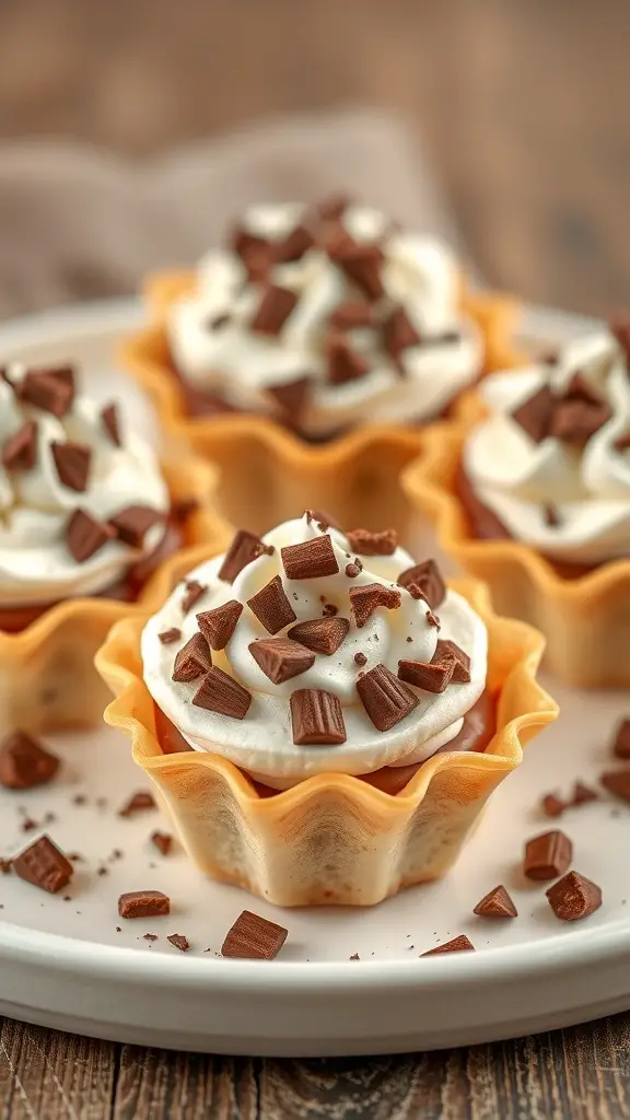 Chocolate Hazelnut Phyllo Cups topped with whipped cream and chocolate shavings