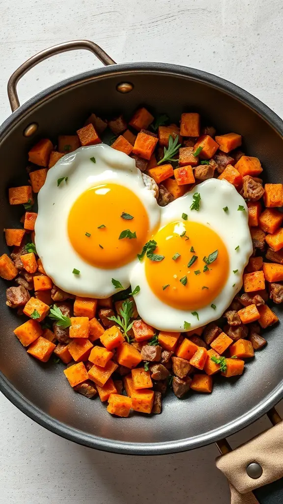 A skillet with sweet potato hash topped with two sunny-side-up eggs, garnished with fresh herbs.