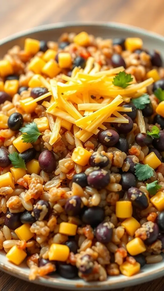 A bowl of Southwestern Beef and Rice Casserole with rice, black beans, corn, and cheese on top.