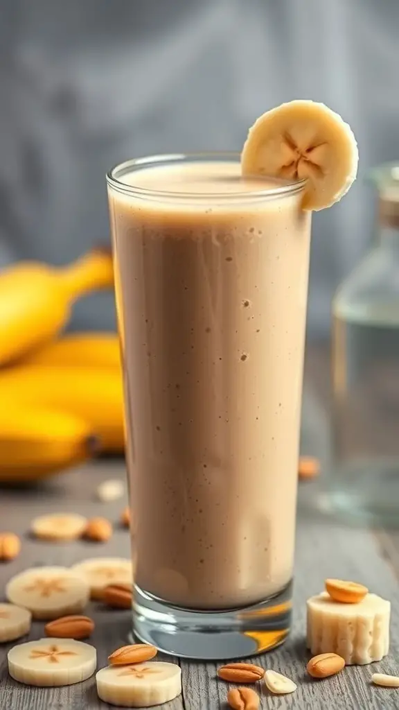 A glass of peanut butter banana smoothie with banana slices and peanuts around it