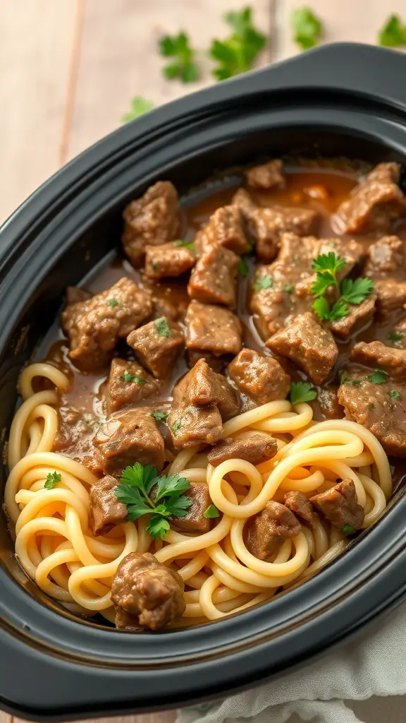 A bowl of classic beef stroganoff with spaghetti, garnished with parsley.