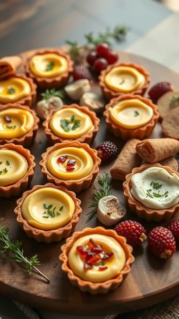 An assortment of tartlets with creamy fillings on a wooden board, garnished with herbs and berries.