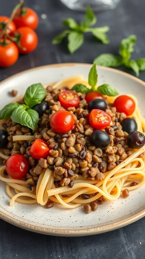 A plate of Mediterranean lentil pasta topped with cherry tomatoes and basil, with fresh tomatoes in the background.