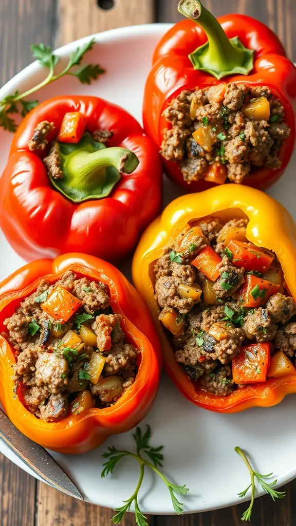 Colorful stuffed bell peppers filled with ground beef and diced potatoes.