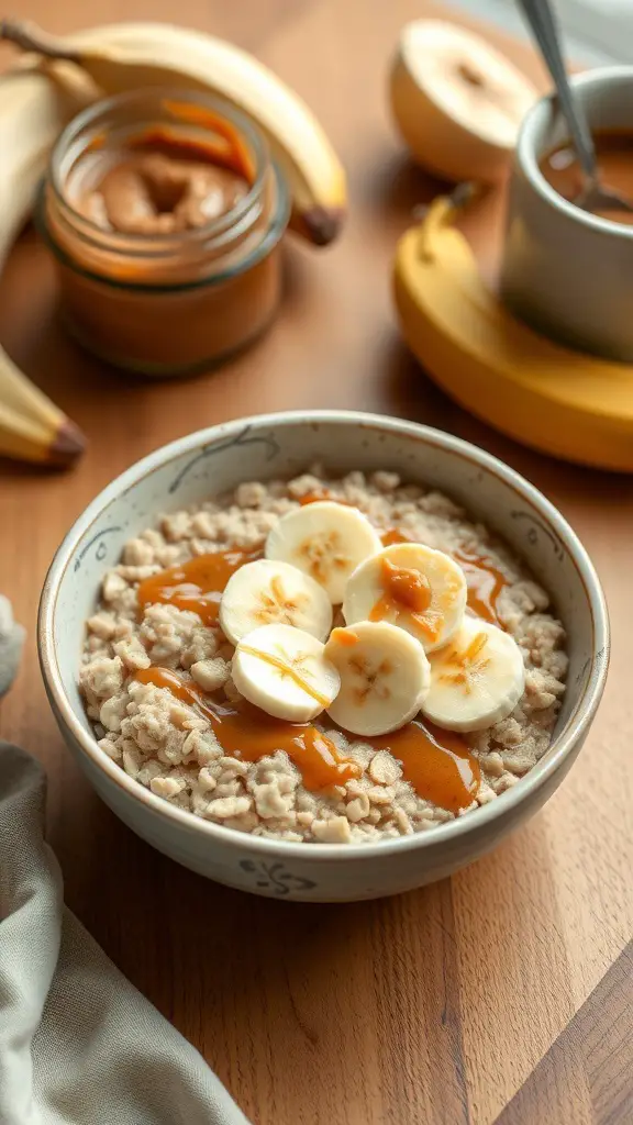 A bowl of oatmeal topped with banana slices and almond butter, with bananas and a jar of almond butter in the background.
