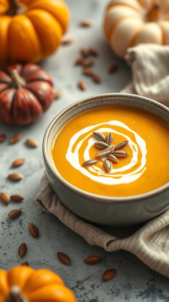 A bowl of creamy pumpkin puree soup topped with a swirl of cream and pumpkin seeds, surrounded by decorative pumpkins.