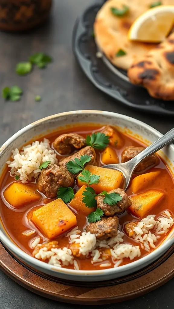 A bowl of beef and potato curry with rice, garnished with cilantro, alongside naan bread.