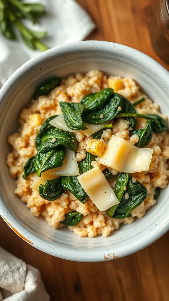 A bowl of savory oatmeal topped with spinach and cheese.