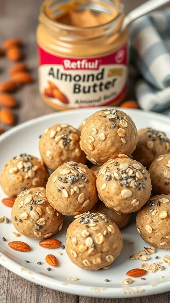 A plate of almond butter energy balls topped with oats and seeds, with a jar of almond butter in the background.