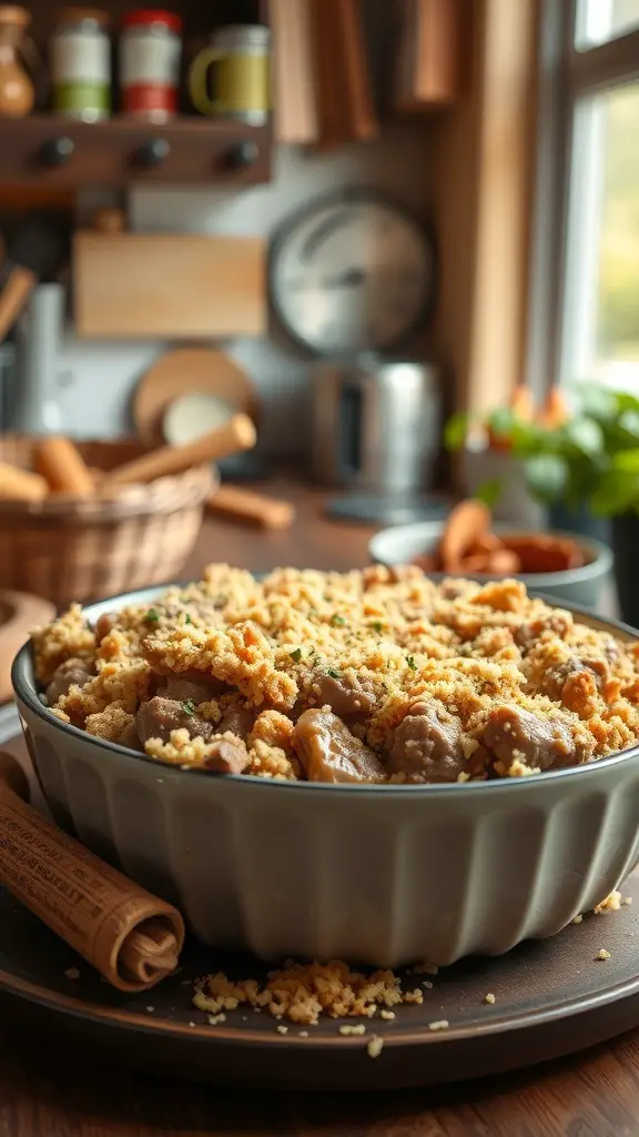 A delicious Beef Stroganoff Casserole with a crispy topping, displayed in a cozy kitchen setting.